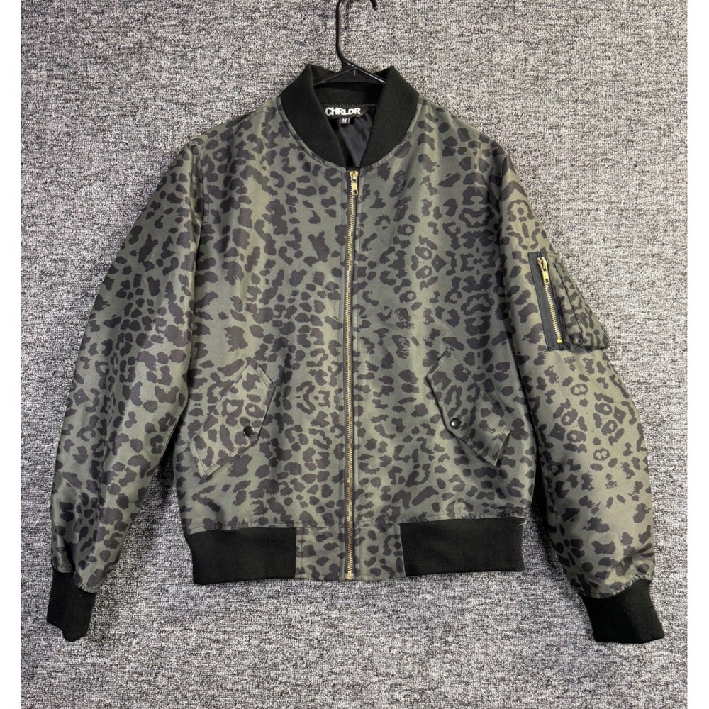 CHRLDR Womens Leopard Print Bomber Jacket Olive Green Satin Full Zip Size M